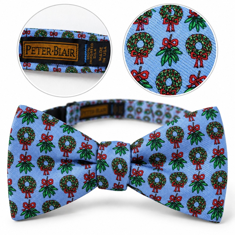 Peter Blair Bow Tie Mens OS Christmas Wreath Mistletoe Blue Silk Made in USA
